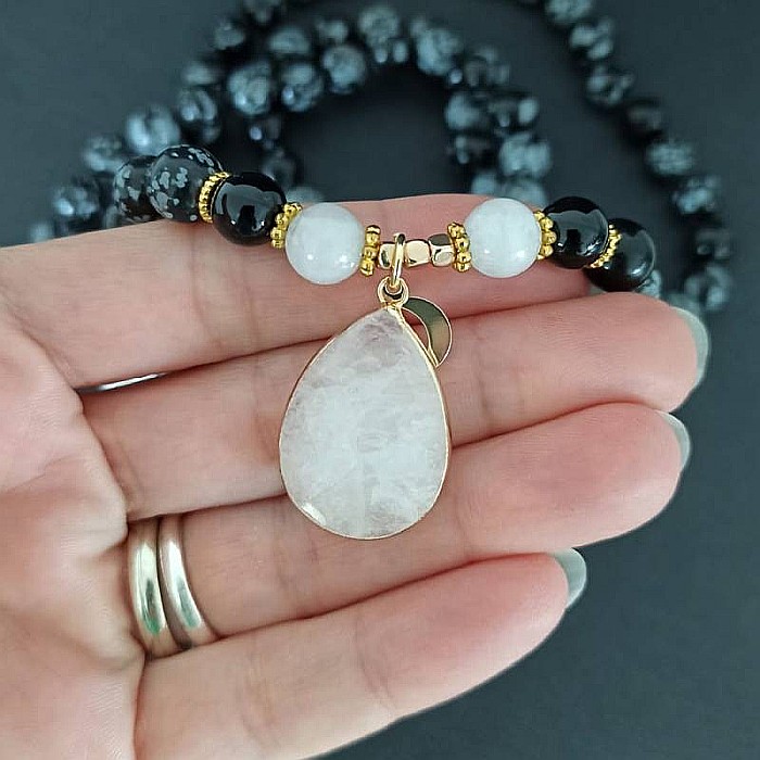 Colier pietre semipretioase Mala cu 108 margele, Zoya, din Turmalina si Obsidian cu Pandantiv Piatra Lunii [11]