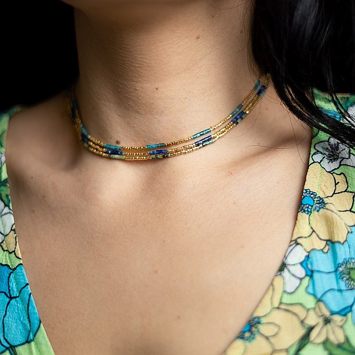 HOT! Colier pietre semipretioase Sodalit, choker pietre naturale elegant Vania, placat cu aur de 18K [9]