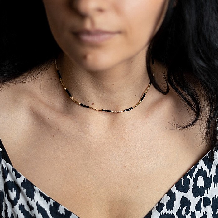 Colier placat cu aur 18 K, pietre semipretioase choker pietre naturale Agat Negru si Sunstone Miyuki Seed, elegant Vania [9]