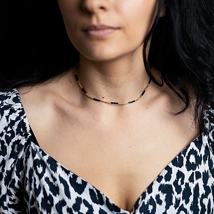 Colier placat cu aur 18 K, pietre semipretioase choker pietre naturale Agat Negru si Sunstone Miyuki Seed, elegant Vania [4]