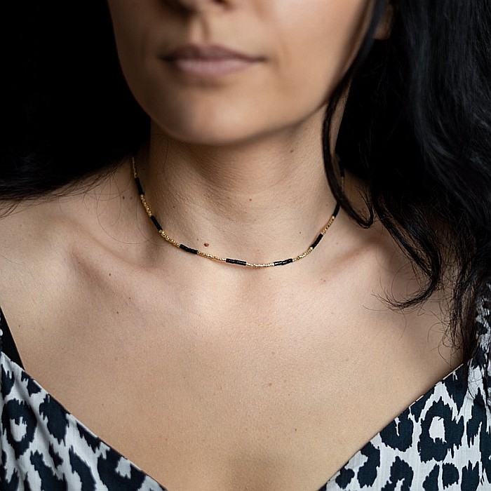 Colier placat cu aur 18 K, pietre semipretioase choker pietre naturale Agat Negru si Sunstone Miyuki Seed, elegant Vania [2]