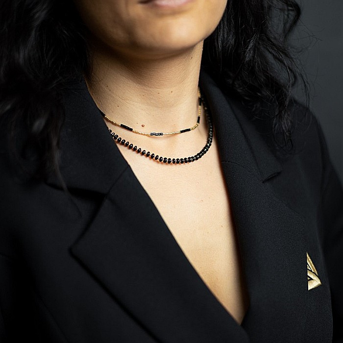 Colier placat cu aur 18 K, pietre semipretioase choker pietre naturale Agat Negru si Sunstone Miyuki Seed, elegant Vania [11]