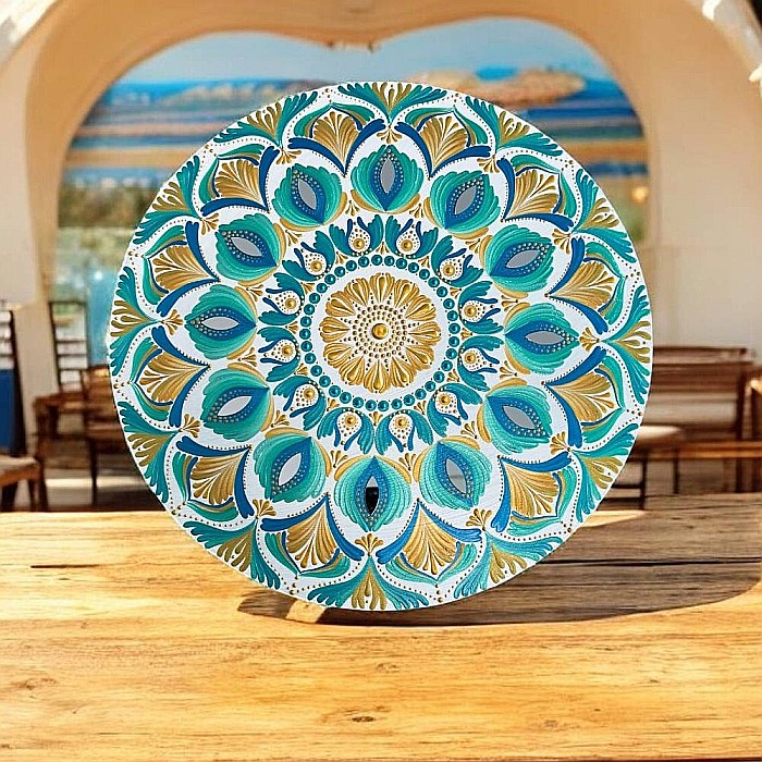 Cu gandul la vacanta, tablou mandala pictat manual in culorile verii, soare, apa, energie buna, 40 cm [5]