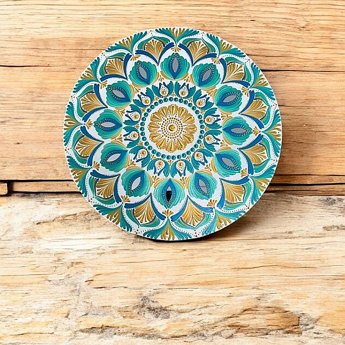 Cu gandul la vacanta, tablou mandala pictat manual in culorile verii, soare, apa, energie buna, 40 cm [3]