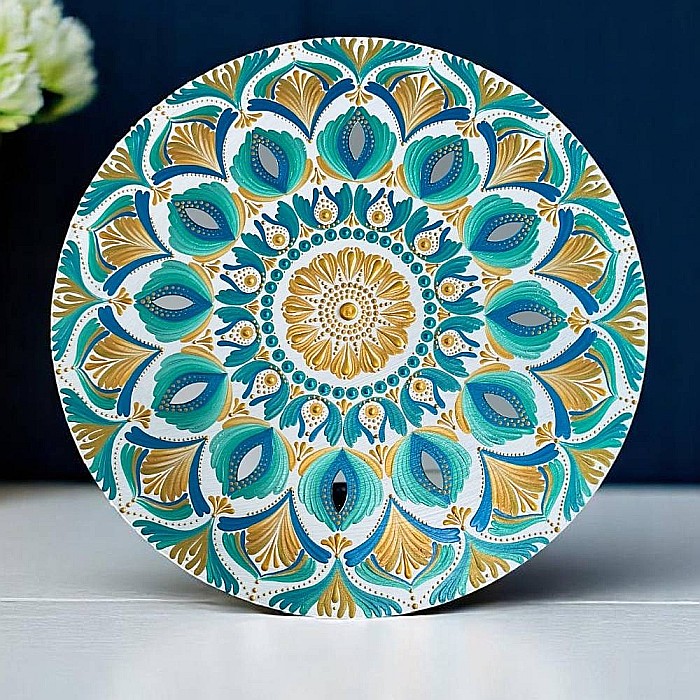 Cu gandul la vacanta, tablou mandala pictat manual in culorile verii, soare, apa, energie buna, 40 cm [6]