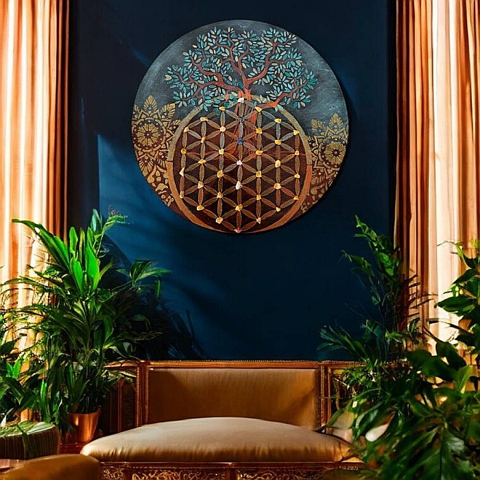 Freamatul Creatiei-Tablou pictat manual cu Floarea Vietii, Copacul Vietii, Mandala și cristale, 40 cm [3]