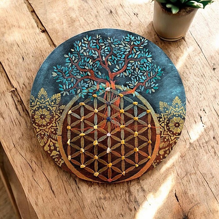 Freamatul Creatiei-Tablou pictat manual cu Floarea Vietii, Copacul Vietii, Mandala și cristale, 40 cm [1]