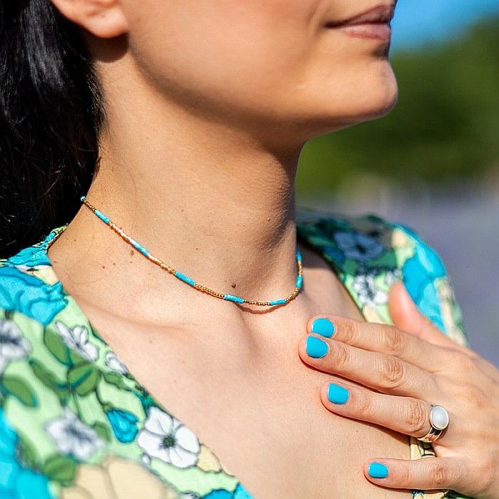 HOT! Colier pietre semipretioase Turcoaz, choker placat cu aur 18 K, pietre naturale elegant Vania cu Sunstone Miyuki [2]