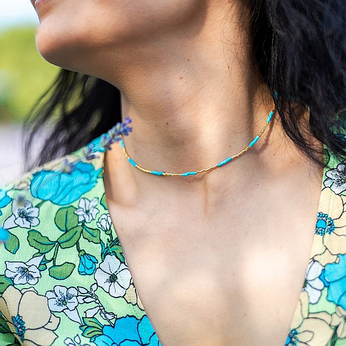 HOT! Colier pietre semipretioase Turcoaz, choker placat cu aur 18 K, pietre naturale elegant Vania cu Sunstone Miyuki [3]