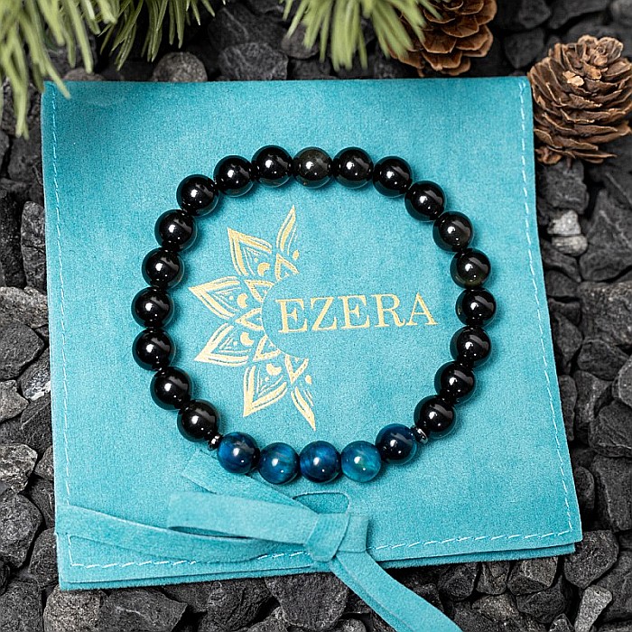 Kareem, bratara handmade barbati din Cristale de Obsidian si Ochi de Tigru Royal Blue, margele de 8mm [4]