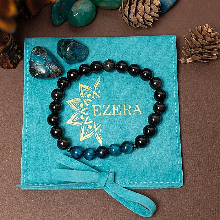 Kareem, bratara handmade barbati din Cristale de Obsidian si Ochi de Tigru Royal Blue, margele de 8mm [6]