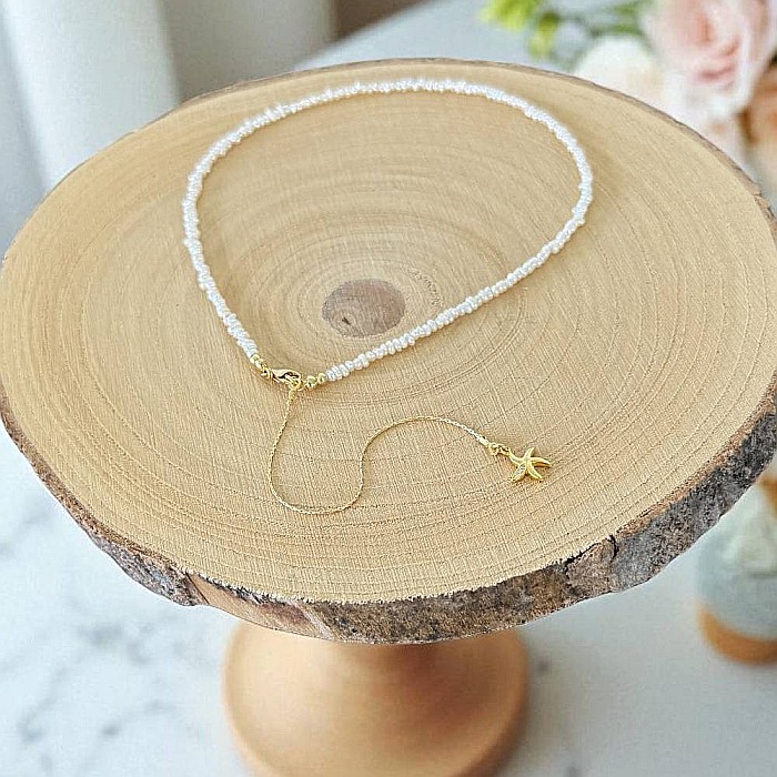 Lant argint elegant din perle de cultura neregulate 2-3mm cu prelungire lant si pandantiv stea de mare [4]