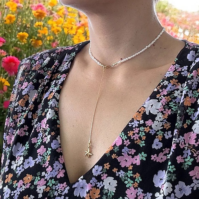 Lant argint elegant din perle de cultura neregulate 2-3mm cu prelungire lant si pandantiv stea de mare [1]