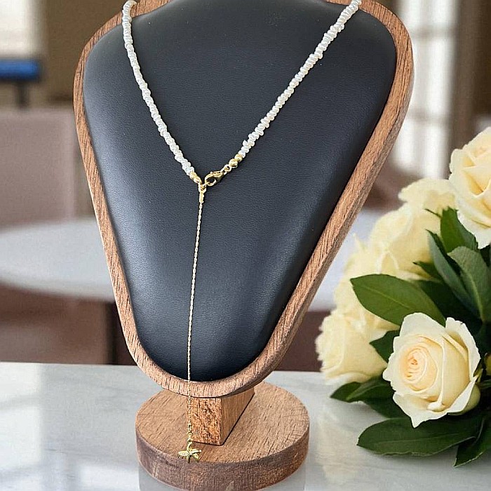 Lant argint elegant din perle de cultura neregulate 2-3mm cu prelungire lant si pandantiv stea de mare [7]