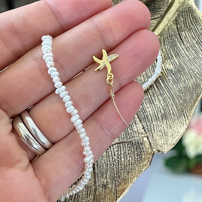 Lant argint elegant din perle de cultura neregulate 2-3mm cu prelungire lant si pandantiv stea de mare [3]