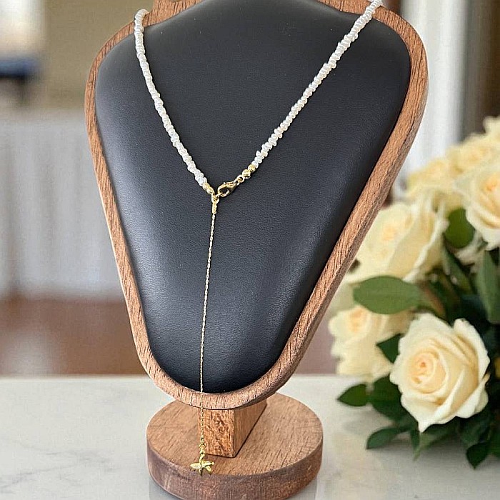 Lant argint elegant din perle de cultura neregulate 2-3mm cu prelungire lant si pandantiv stea de mare [5]