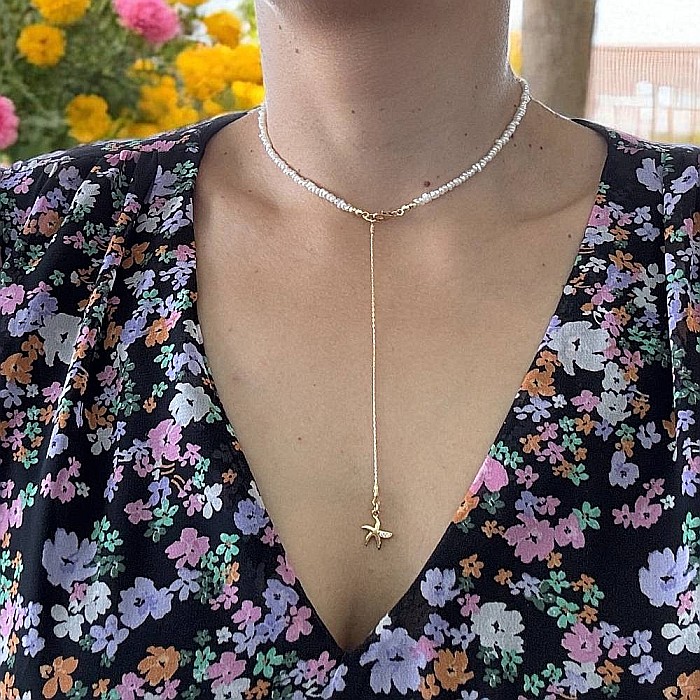 Lant argint elegant din perle de cultura neregulate 2-3mm cu prelungire lant si pandantiv stea de mare [2]