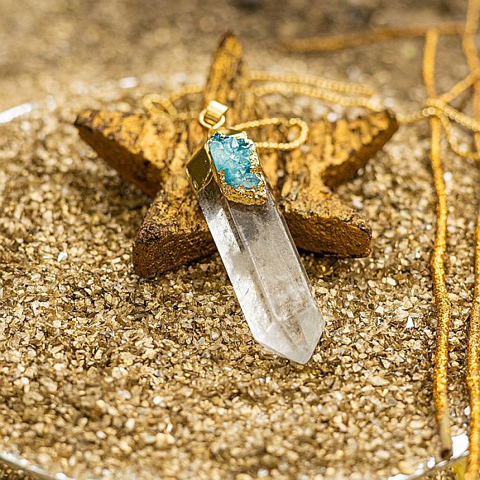 Lant cristale Ira ❤️ cu pandantiv Cristal de Stanca, Varf de Cuart transparent, placat cu aur 18K si Druzy Agate [8]