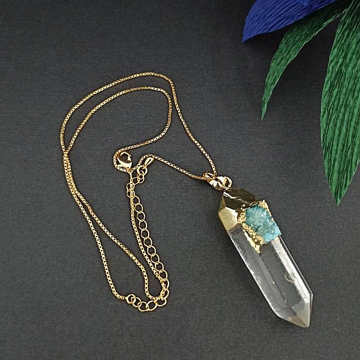 Lant cristale Ira ❤️ cu pandantiv Cristal de Stanca, Varf de Cuart transparent, placat cu aur 18K si Druzy Agate [5]