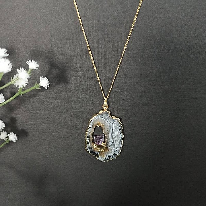 Lant cu Pandantiv Cristale Agat Druzy cu insertie de pietre semipretioase de Ametist, Surabhi, placat cu aur [6]