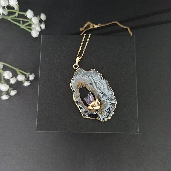 Lant cu Pandantiv Cristale Agat Druzy cu insertie de pietre semipretioase de Ametist, Surabhi, placat cu aur [7]