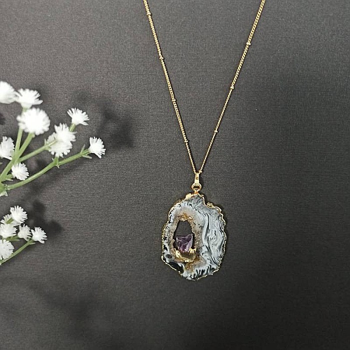 Lant cu Pandantiv Cristale Agat Druzy cu insertie de pietre semipretioase de Ametist, Surabhi, placat cu aur [8]