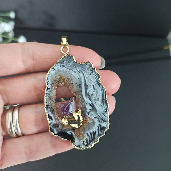 Lant cu Pandantiv Cristale Agat Druzy cu insertie de pietre semipretioase de Ametist, Surabhi, placat cu aur [5]