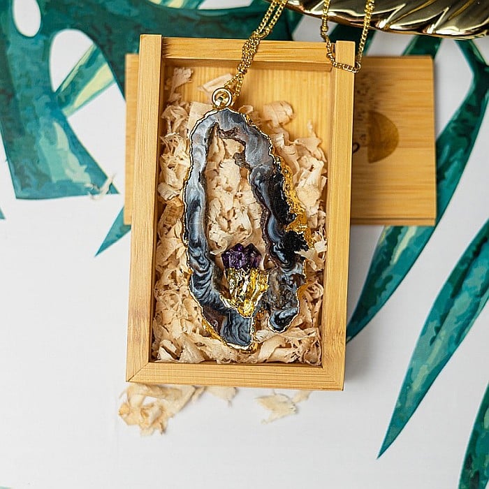 Lant cu Pandantiv Cristale Agat Druzy cu insertie de pietre semipretioase de Ametist, Surabhi, placat cu aur [11]