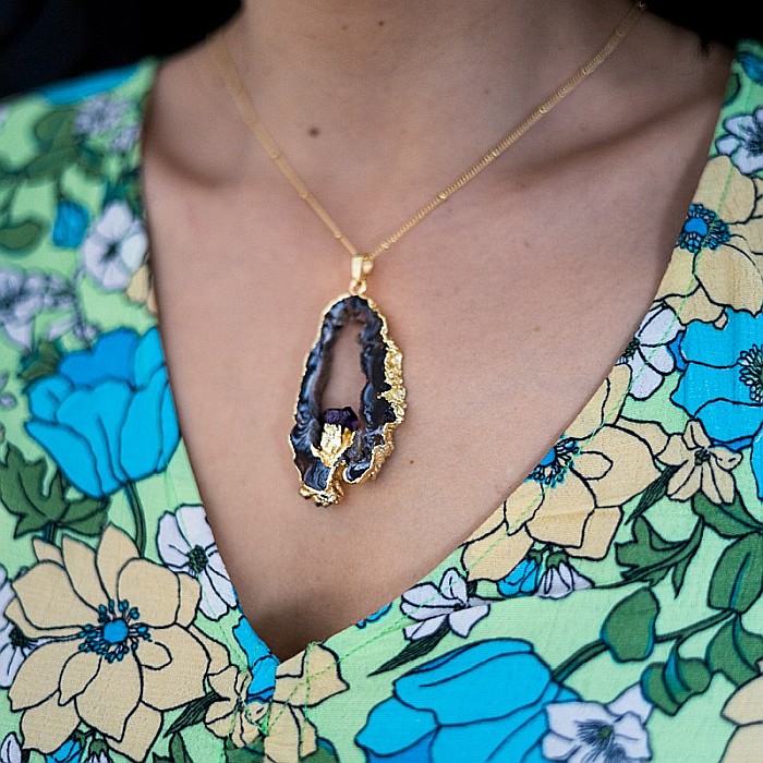 Lant cu Pandantiv Cristale Agat Druzy cu insertie de pietre semipretioase de Ametist, Surabhi, placat cu aur [4]