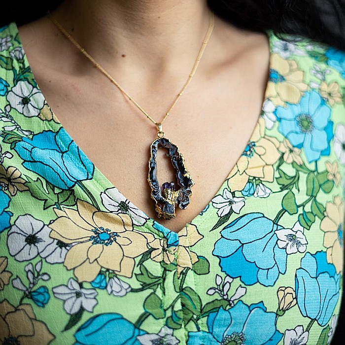 Lant cu Pandantiv Cristale Agat Druzy cu insertie de pietre semipretioase de Ametist, Surabhi, placat cu aur [12]