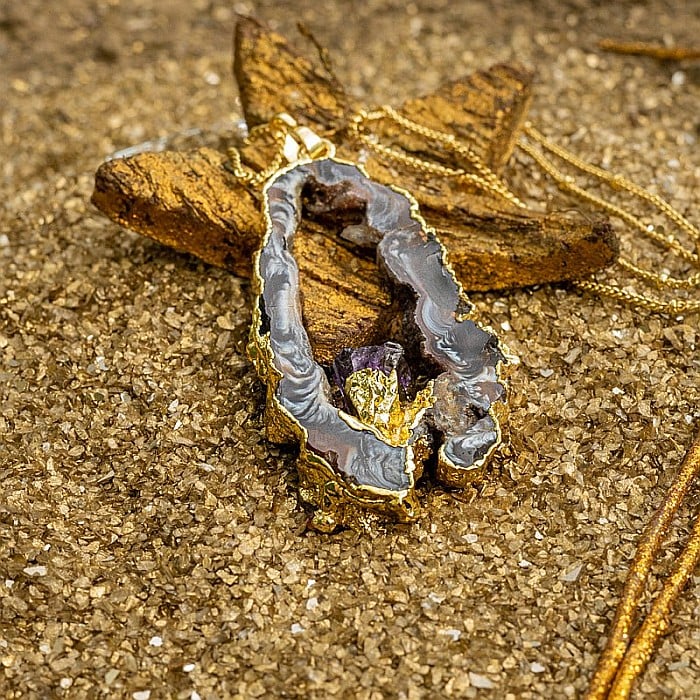 Lant cu Pandantiv Cristale Agat Druzy cu insertie de pietre semipretioase de Ametist, Surabhi, placat cu aur [2]