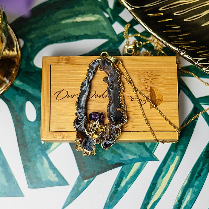 Lant cu Pandantiv Cristale Agat Druzy cu insertie de pietre semipretioase de Ametist, Surabhi, placat cu aur [10]