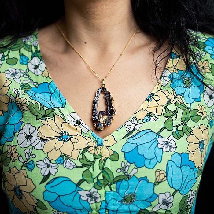 Lant cu Pandantiv Cristale Agat Druzy cu insertie de pietre semipretioase de Ametist, Surabhi, placat cu aur [3]