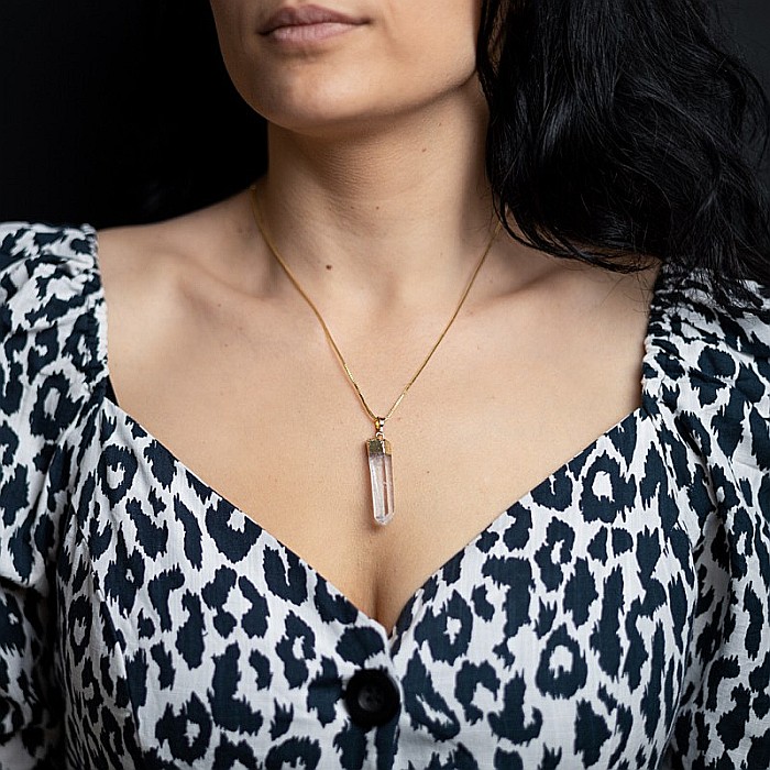 Lant cu Pandantiv Cuart Alb Cristal Stanca brut Apala, placat cu aur 18K [4]