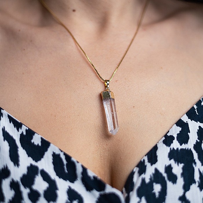 Lant cu Pandantiv Cuart Alb Cristal Stanca brut Apala, placat cu aur 18K [10]