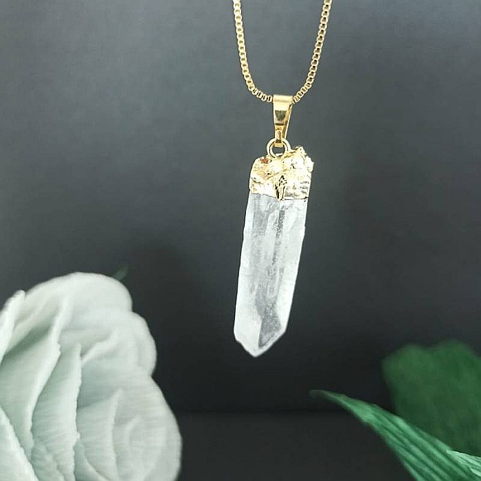 Lant cu Pandantiv Cuart Alb Cristal Stanca brut Apala, placat cu aur 18K [6]