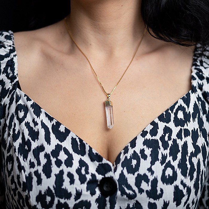 Lant cu Pandantiv Cuart Alb Cristal Stanca brut Apala, placat cu aur 18K [2]