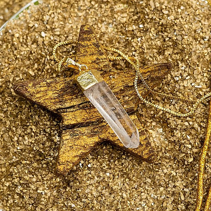 Lant cu Pandantiv Cuart Alb Cristal Stanca brut Apala, placat cu aur 18K [1]