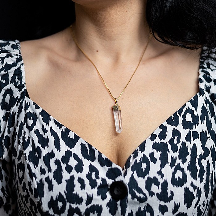 Lant cu Pandantiv Cuart Alb Cristal Stanca brut Apala, placat cu aur 18K [9]