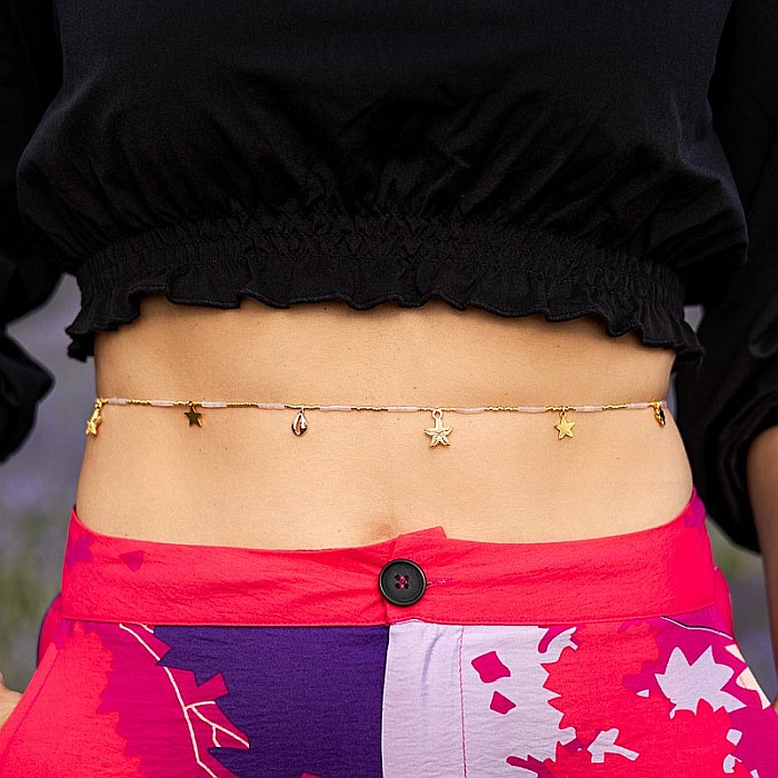 Lant de talie/corp versatil din cristale de Cuart Roz, placat cu aur de 18K [6]