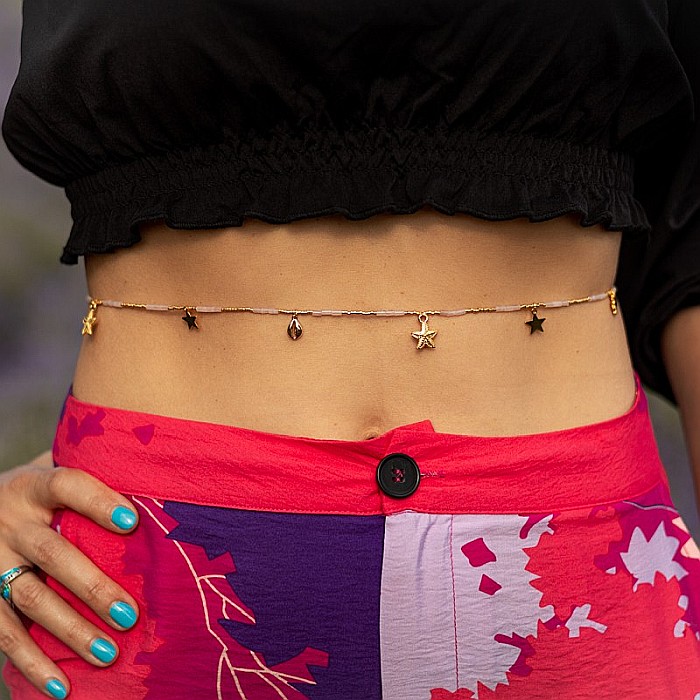 Lant de talie/corp versatil din cristale de Cuart Roz, placat cu aur de 18K [3]