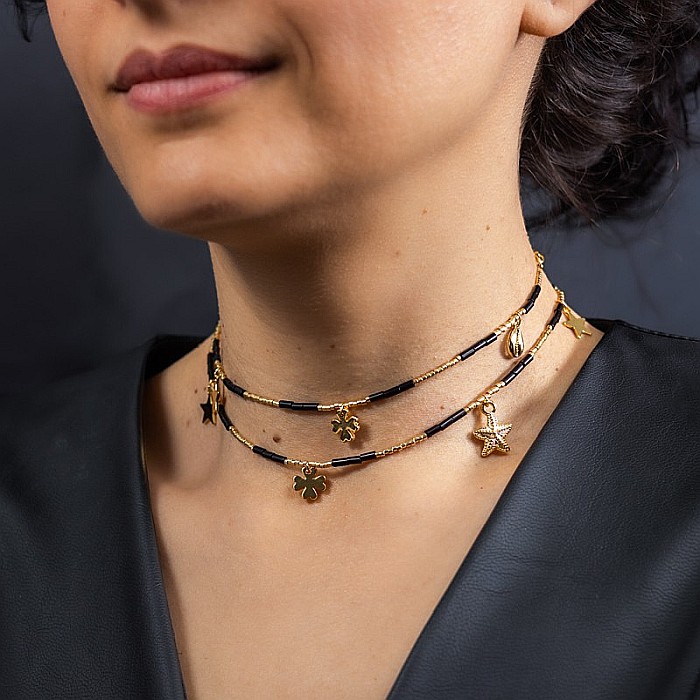 Lant de talie/Corp versatil din cristale de Agat Negru, placat cu aur de 18K [12]