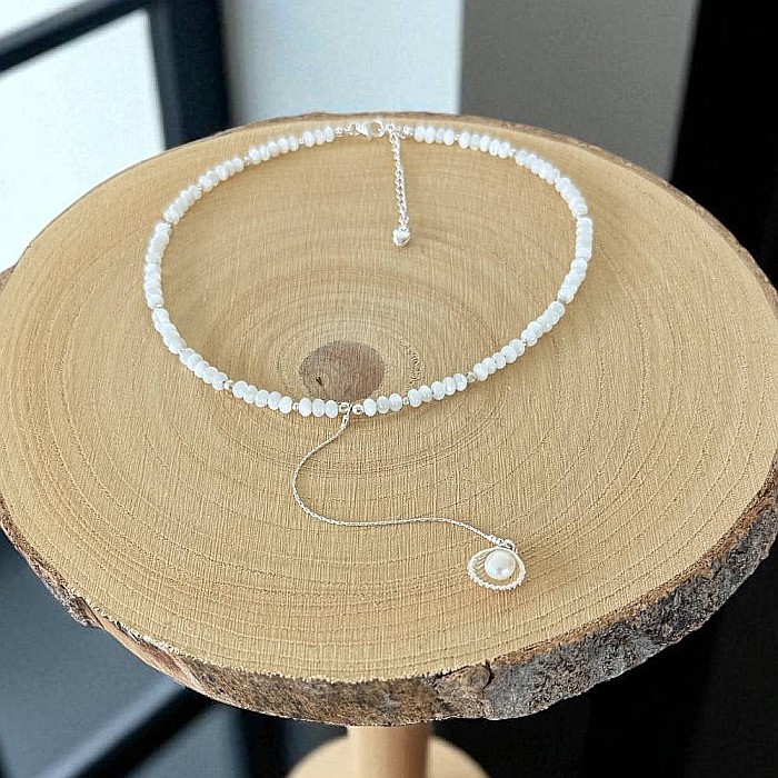 Lantisor lung elegant din argint cu rondele din sidef de scoica si pandantiv scoica cu perla [8]