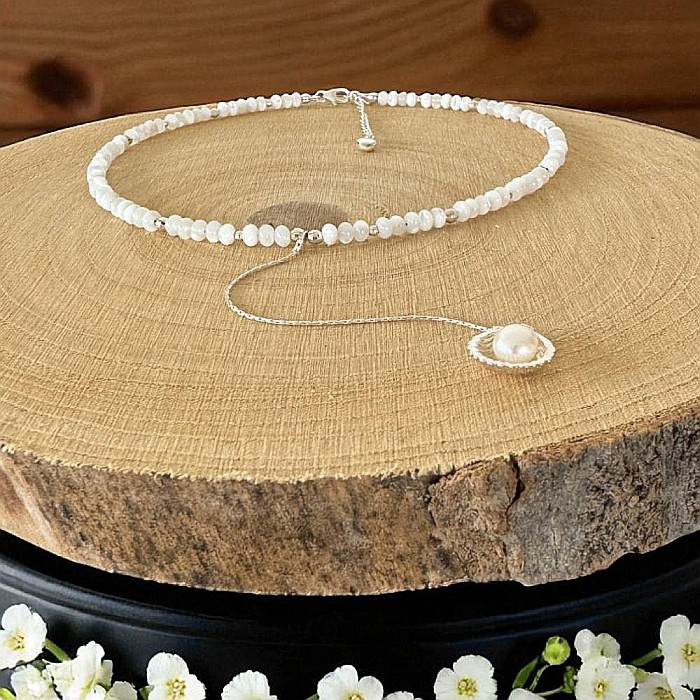 Lantisor lung elegant din argint cu rondele din sidef de scoica si pandantiv scoica cu perla [5]