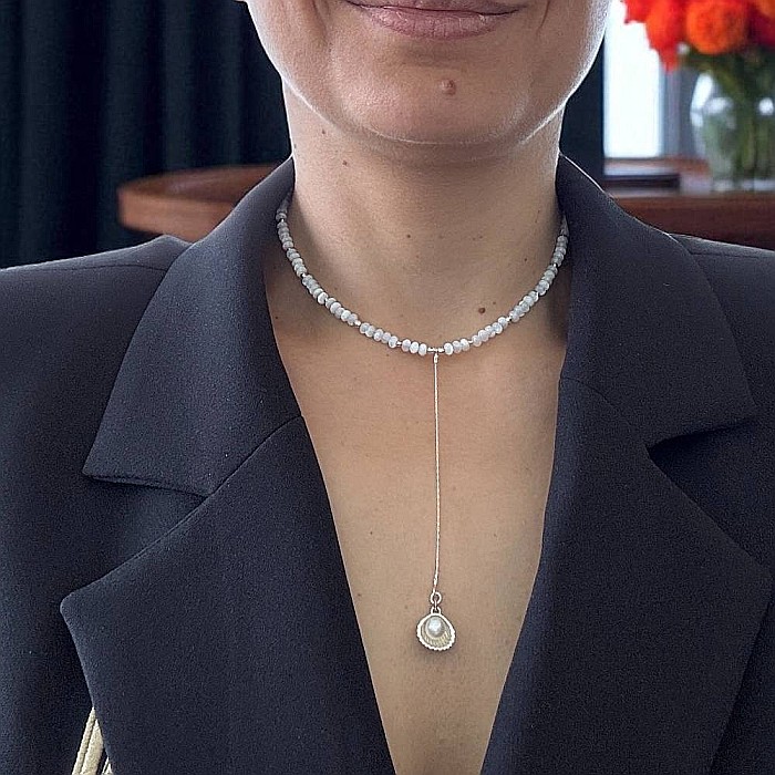 Lantisor lung elegant din argint cu rondele din sidef de scoica si pandantiv scoica cu perla [3]