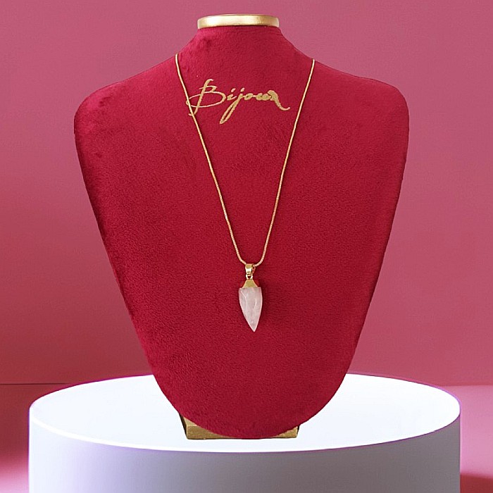 Pandantiv cu cristal de cuart roz, fatetat, forma lacrima, placat cu aur [4]