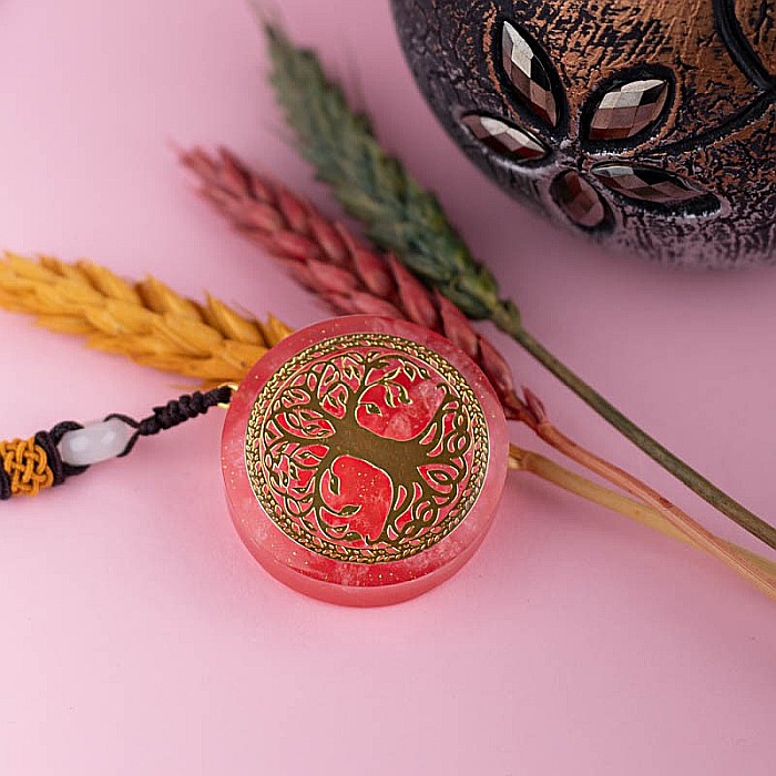 Pandantiv orgonic “AGNI” din Cristal Roz cu Simbol Copacul Vietii, 3.6cm [1]