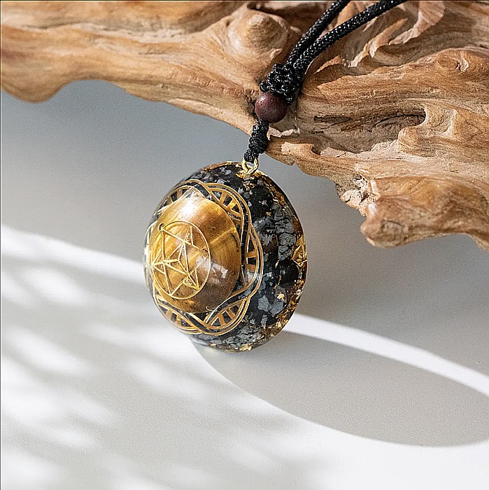 Pandantiv orgonic energetic din Ochi de Tigru si Obsidian cu geometrie sacra simbol Merkaba pentru barbati [3]