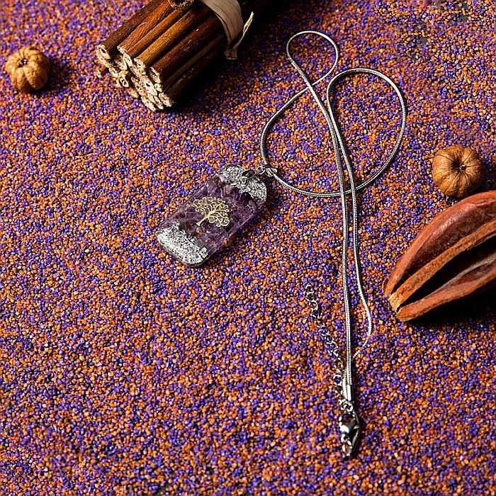 Pandantiv orgonic “Mahari” din pietre semipretioase de Ametist cu lant Snake din inox si simbol sacru Copacul Vietii, 3.5 cm [6]