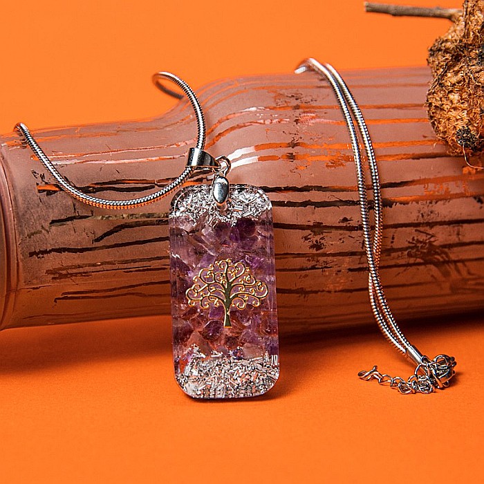 Pandantiv orgonic “Mahari” din pietre semipretioase de Ametist cu lant Snake din inox si simbol sacru Copacul Vietii, 3.5 cm [2]